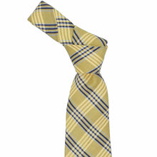 Load image into Gallery viewer, Yellow and blue plaid tie, knotted, on a white background