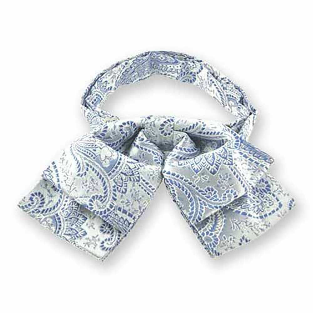 Light blue paisley floppy bow tie, front view