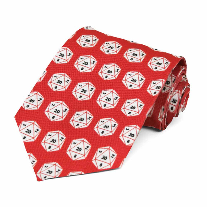 20 sided gaming dice on a red background tie