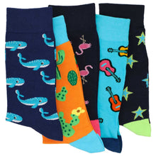 Load image into Gallery viewer, 5 pairs of cool novelty socks for men. Whales, cactus, flamingo, guitar and star design