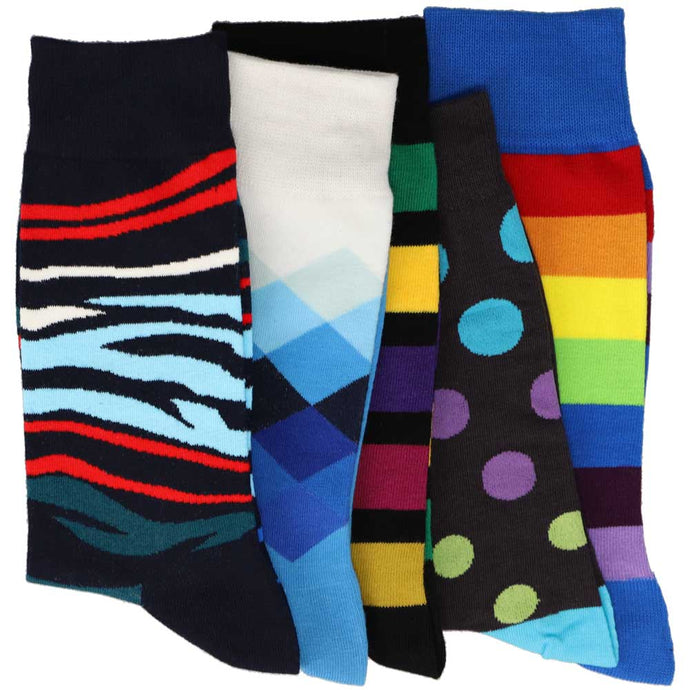 5 pack of funky pattern socks for men. Stripes, polka dots and more