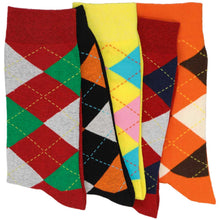 Load image into Gallery viewer, 5-pack of men&#39;s argyle socks in holiday patterns, including Christmas, Halloween, Easter, July 4th and Thanksgiving