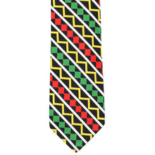 Load image into Gallery viewer, Front flat view of an African print striped tie in black, red, green and yellow