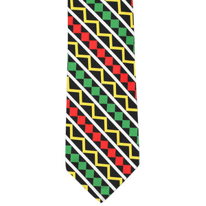 Front flat view of an African print striped tie in black, red, green and yellow