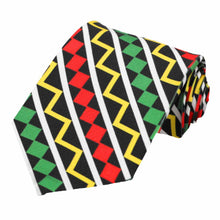 Load image into Gallery viewer, African print striped tie in black, red, green, yellow and white