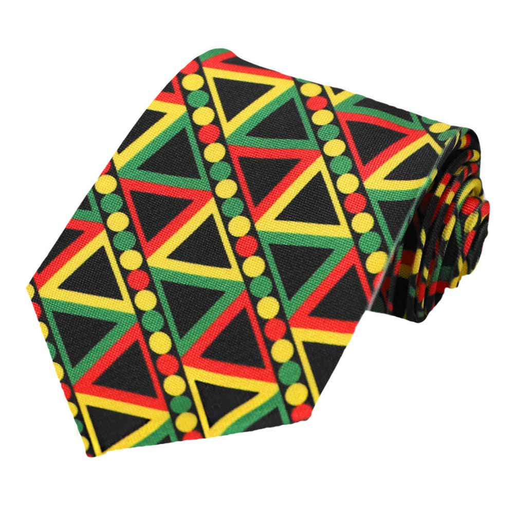 African necktie in geometric shapes and black, red, green and yellow colors