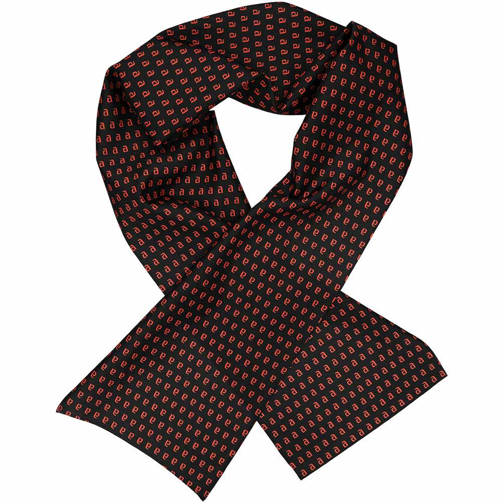 A women's black scarf with a repeated pattern the letter A in red