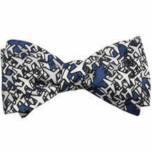 Load image into Gallery viewer, A tied dark blue bow tie with gray airplanes scattered across it