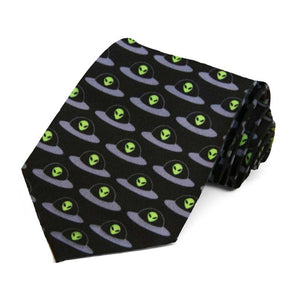 A black extra long tie with a green alien in UFO design