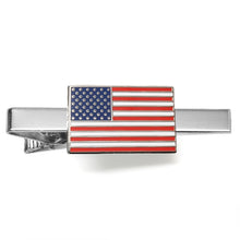 Load image into Gallery viewer, American flag red, white and blue tie bar on silver background