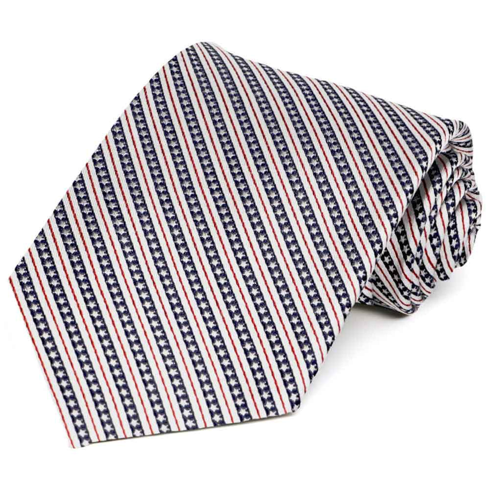 Red white and navy blue stars and stripes necktie rolled to show pattern up close
