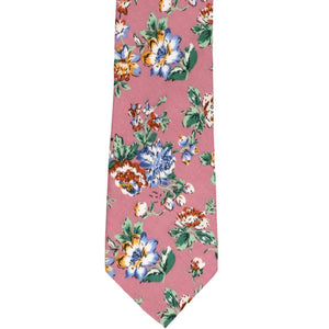 The front of a mauve floral tie, laid out flat