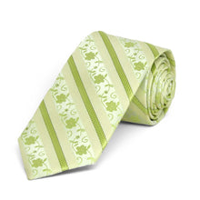 Load image into Gallery viewer, Rolled view of a bright green floral stripe slim necktie