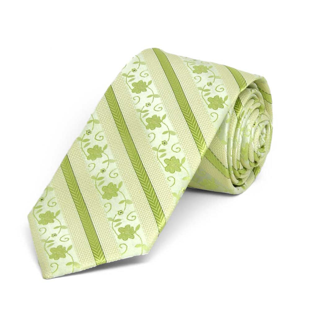 Rolled view of a bright green floral stripe slim necktie