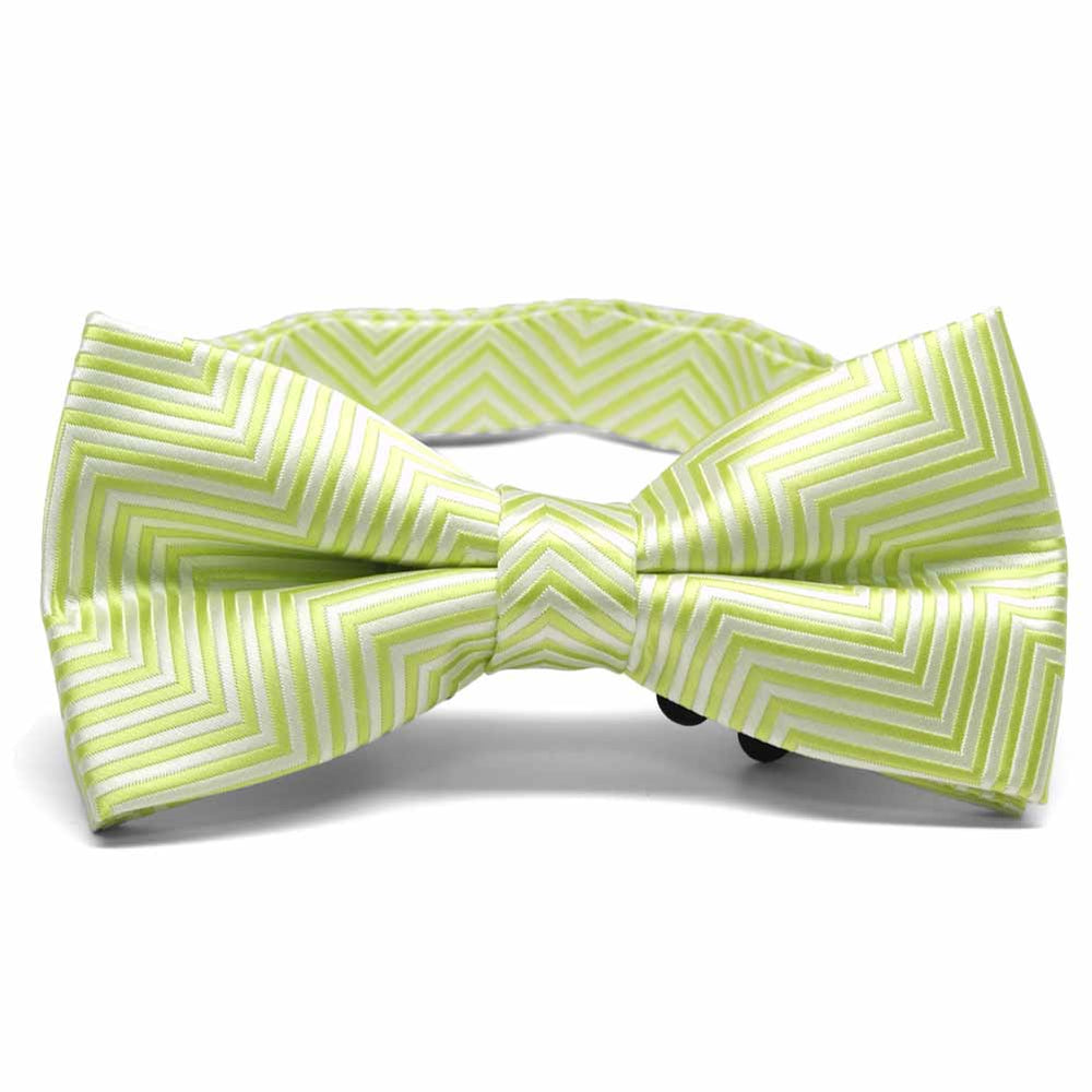 Front view of a bright green and white chevron pattern bow tie
