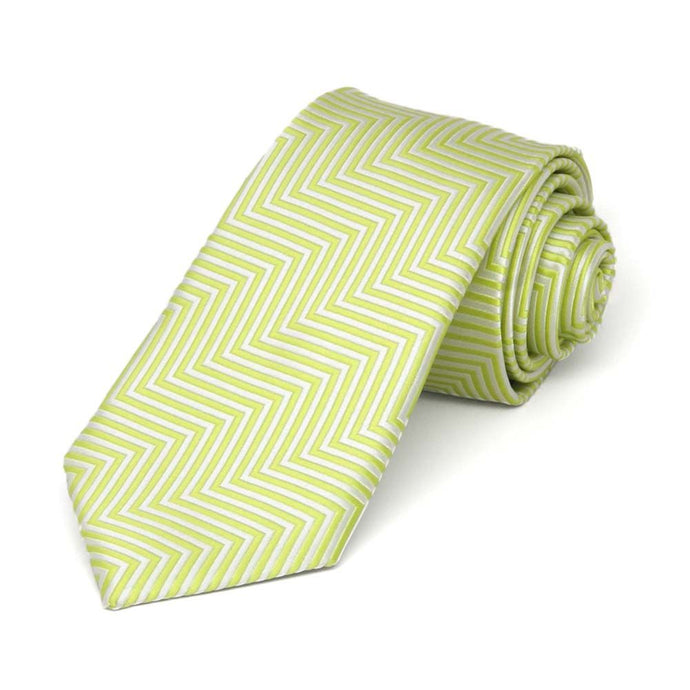 Rolled view of a bright green and white chevron pattern slim tie