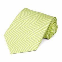 Load image into Gallery viewer, Rolled view of a bright green and white chevron pattern necktie
