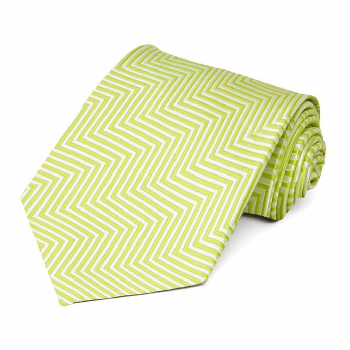 Rolled view of a bright green and white chevron pattern necktie