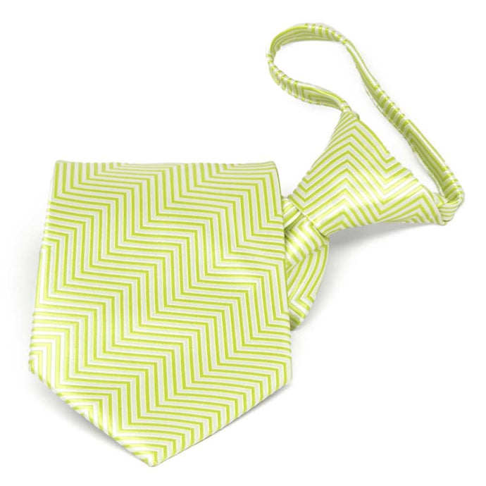 Folded view of a bright green and white chevron pattern zipper style tie