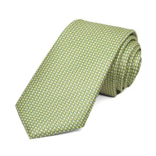 Load image into Gallery viewer, Rolled view of a light green circle pattern slim necktie