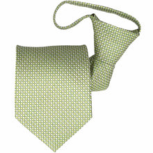 Load image into Gallery viewer, Rolled front view of a light green circle patter zipper style tie