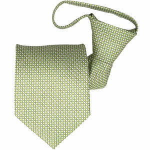 Rolled front view of a light green circle patter zipper style tie