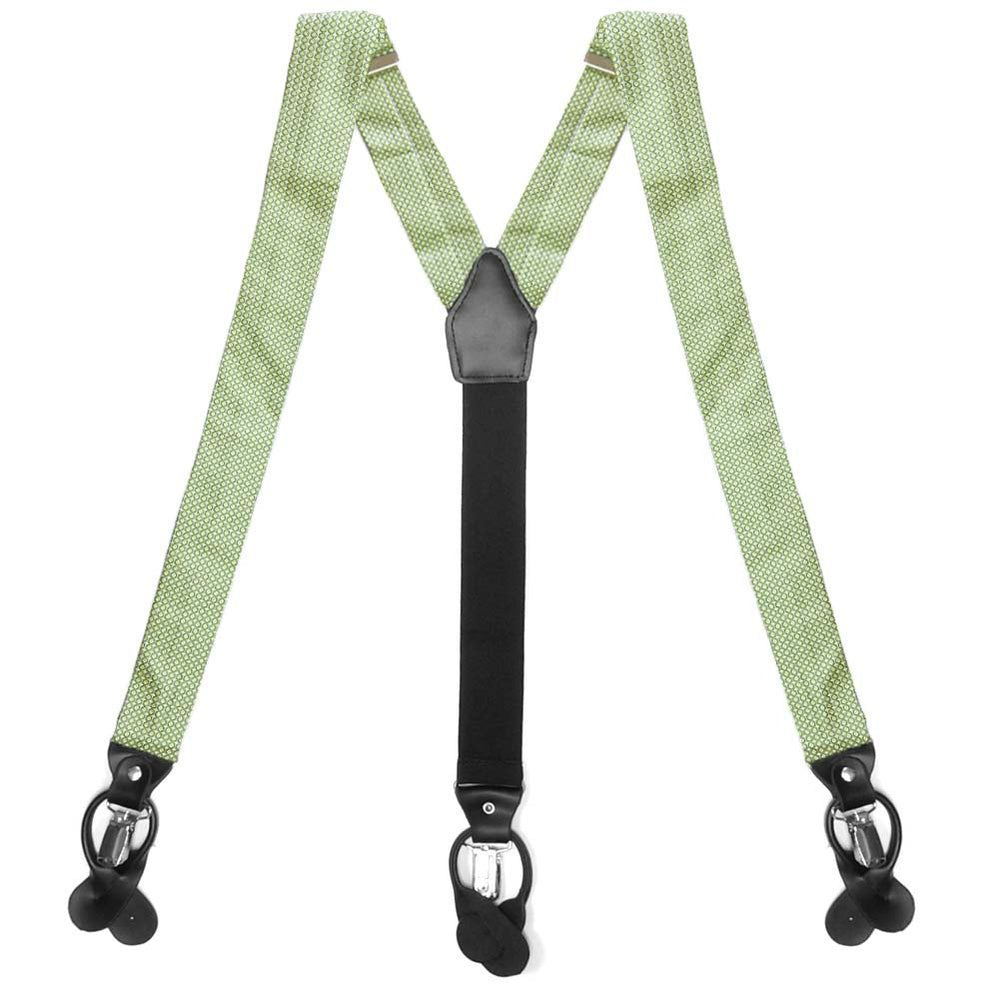 Light green circle pattern suspenders, flat front view to show clips and straps