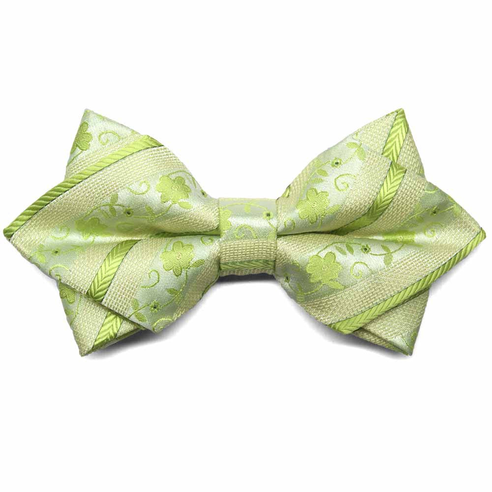 Front view of a bright green floral stripe diamond tip bow tie