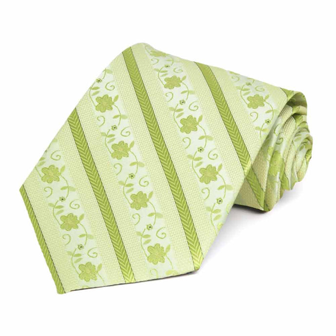 Rolled view of a bright green floral stripe extra long necktie