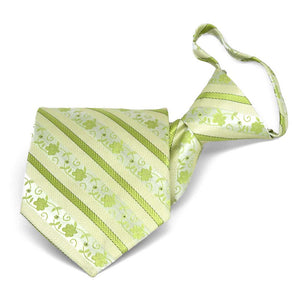 Folded front view of a bright green floral stripe zipper style tie