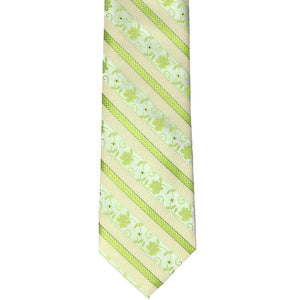 The front of an apple green floral striped slim tie