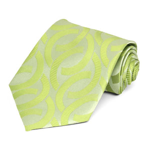 Extra long bright green link pattern necktie, rolled to show pattern