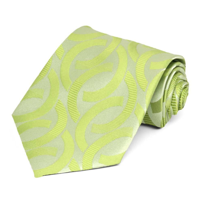 Bright green link pattern tie, rolled view