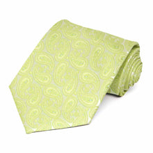 Load image into Gallery viewer, Bright green paisley extra long tie, rolled view to show off pattern