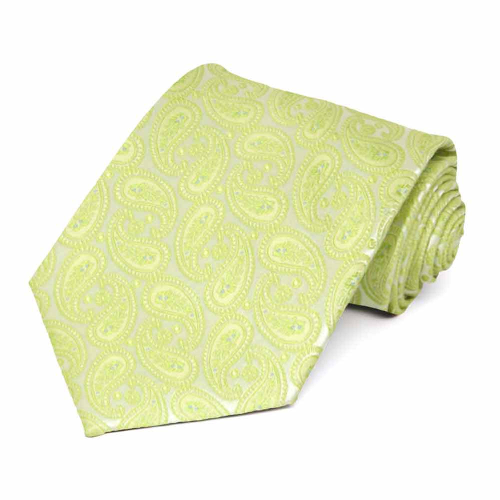 Bright green paisley extra long tie, rolled view to show off pattern