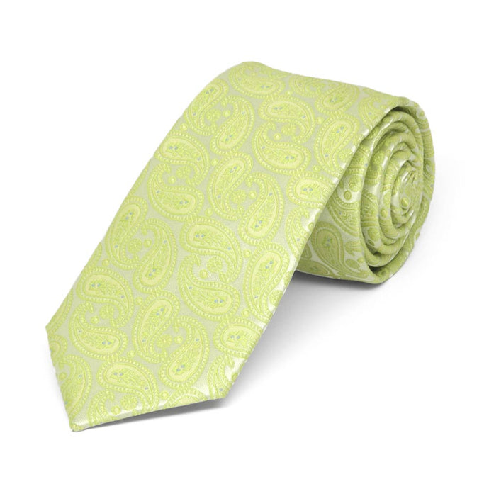 Bright green paisley slim necktie, rolled to show texture of pattern