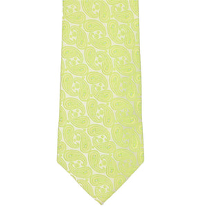 The front bottom view of an apple green paisley tie