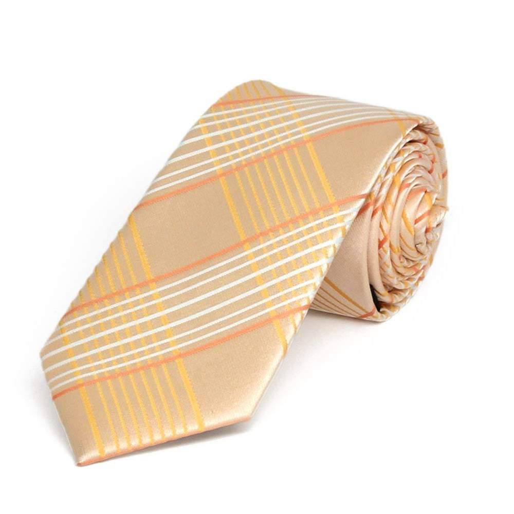 Rolled view of a slim, light orange plaid necktie