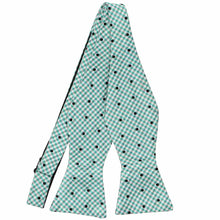 Load image into Gallery viewer, An aquamarine and black gingham self-tie bow tie, untied