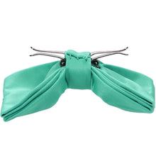 Load image into Gallery viewer, The side view of an opened aquamarine clip-on bow tie