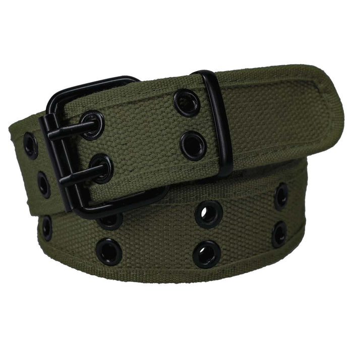 Coiled army green double grommet belt with black hardware