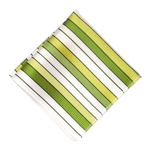 Flat front view of a green and white striped pocket square