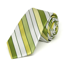 Load image into Gallery viewer, Rolled view of a green and white striped slim necktie