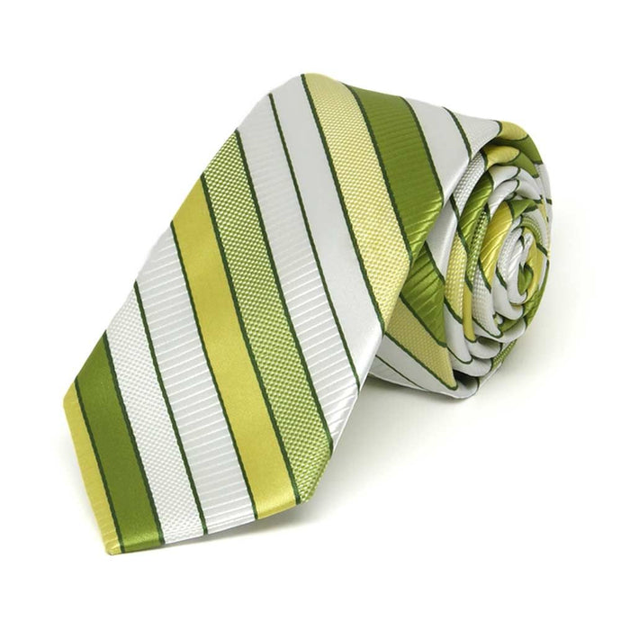 Rolled view of a green and white striped slim necktie