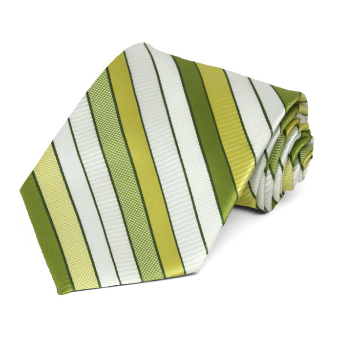 Rolled view of a green and white striped extra long necktie