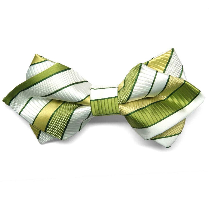 Green and white striped diamond tip bow tie, front view