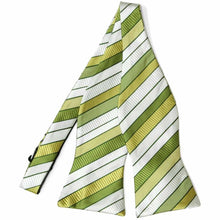 Load image into Gallery viewer, Flat front view of an untied green and white striped self-tie bow tie