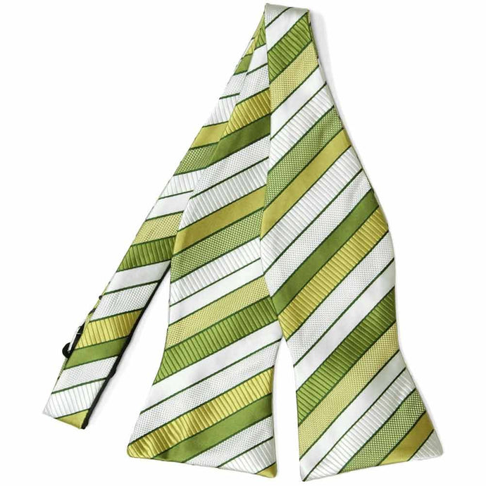 Flat front view of an untied green and white striped self-tie bow tie