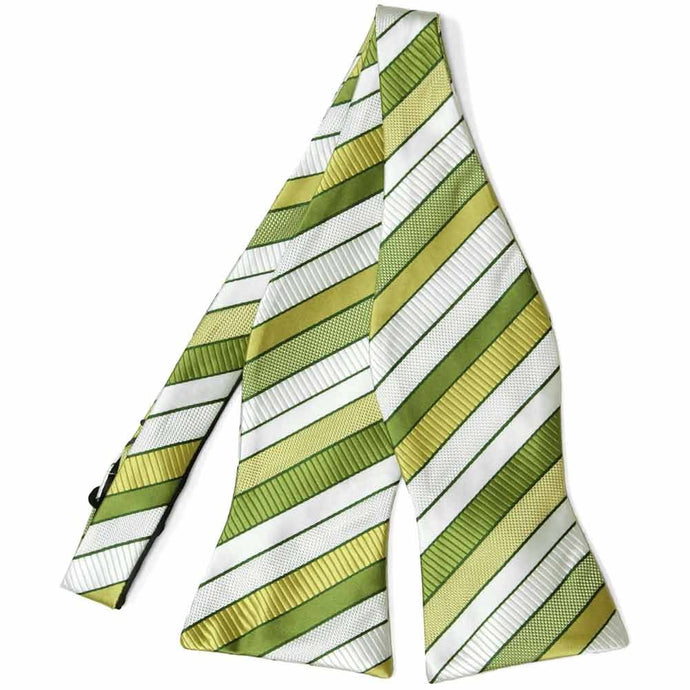 Flat front view of an untied green and white striped self-tie bow tie