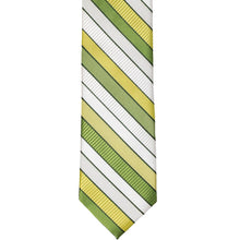 Load image into Gallery viewer, Front view of an asparagus green and white striped slim tie